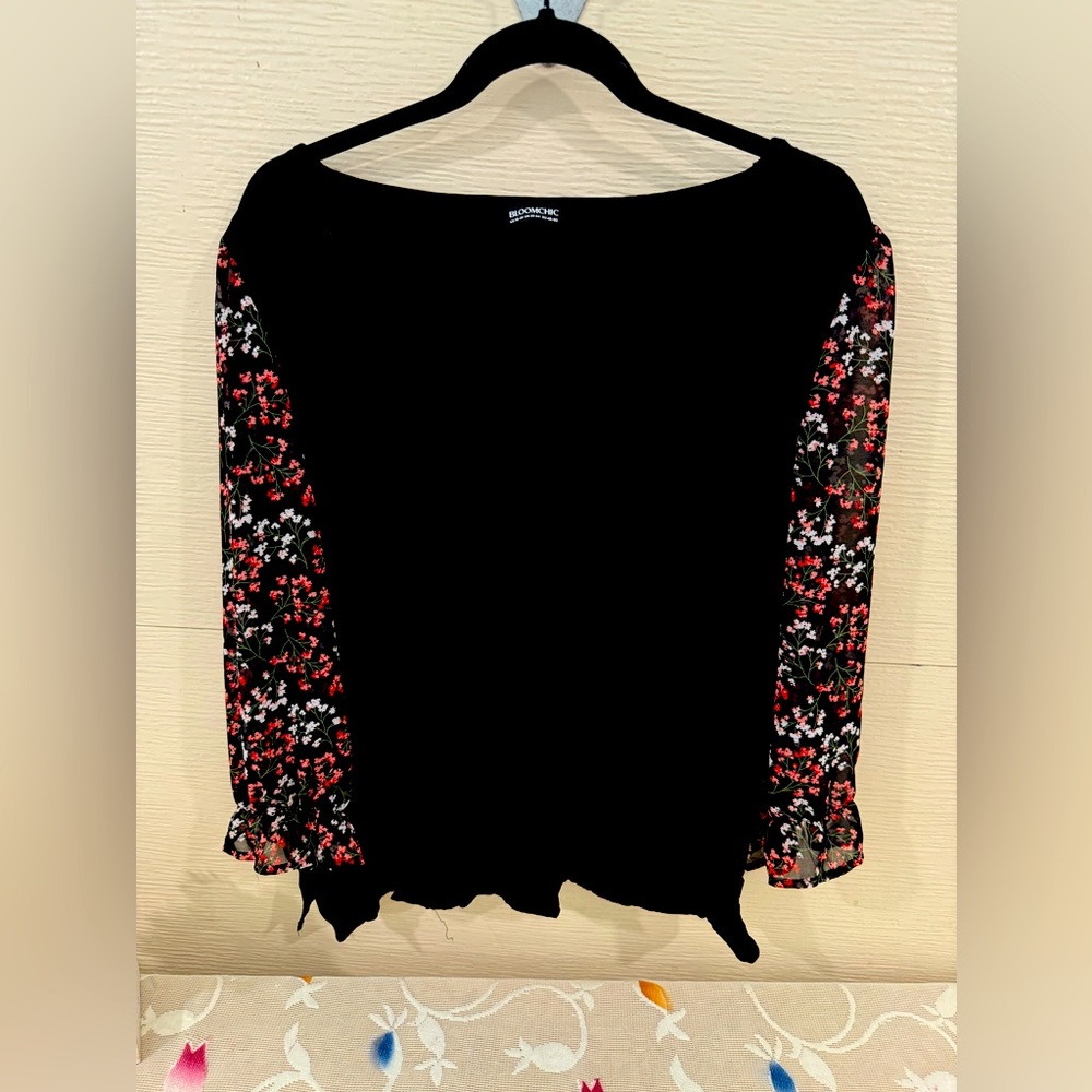 Floral Sleeve Black Top